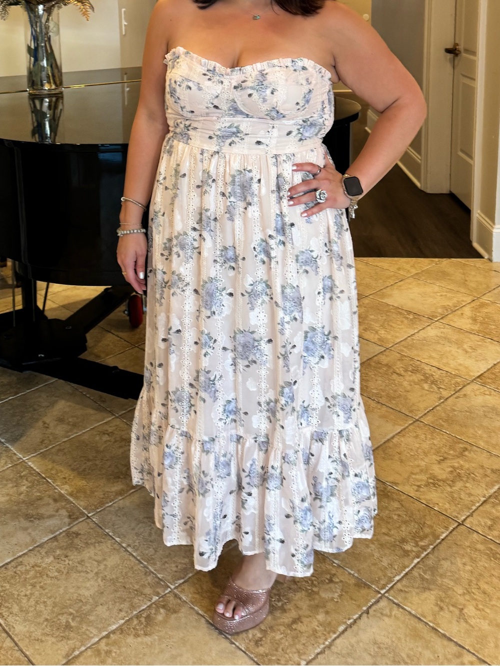 Strapless Cream Floral Lace Midi Dress